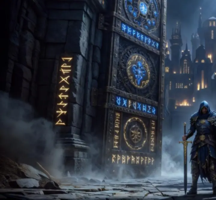 A lone hero stands before an ancient glowing gate in a dark fantasy world