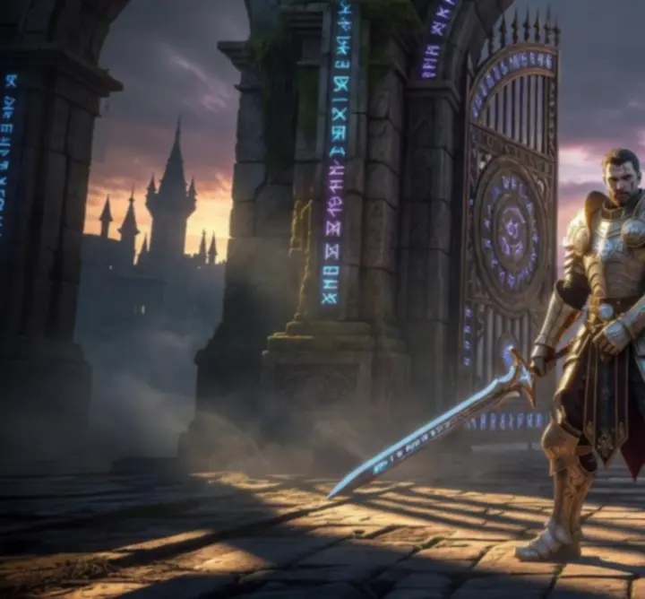 Cinematic fantasy hero overlooking the Ace Adventure world, representing new players starting their journey