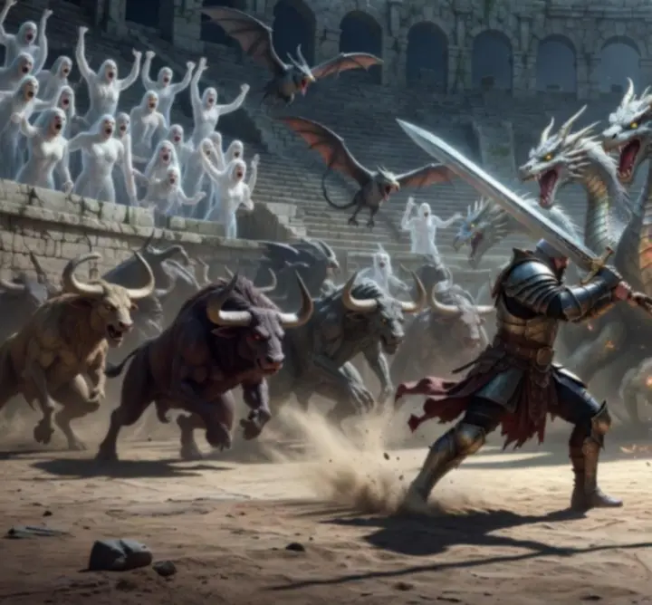 Hero battling waves of enemies in a glowing endgame arena