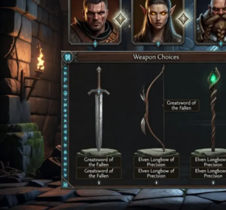In‑game style interface mockup showing character build recommendations and gear slots