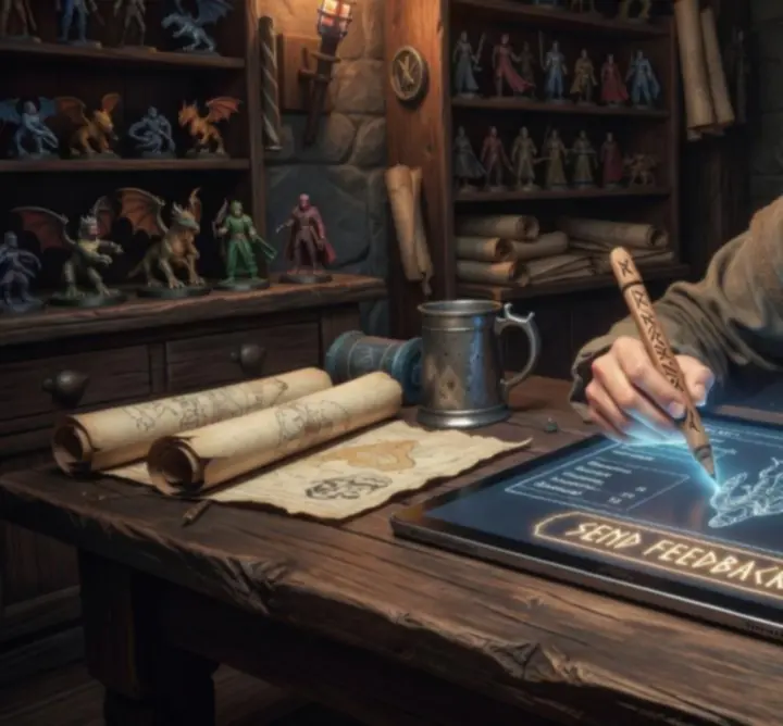 Community of fantasy heroes gathered around a glowing table, symbolizing shared builds and strategies