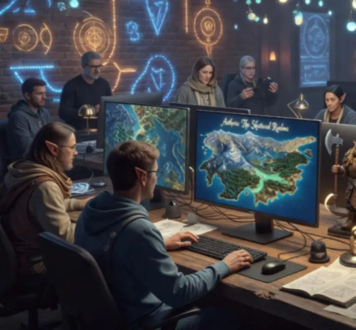 Developers sketching and shaping a luminous fantasy world map.