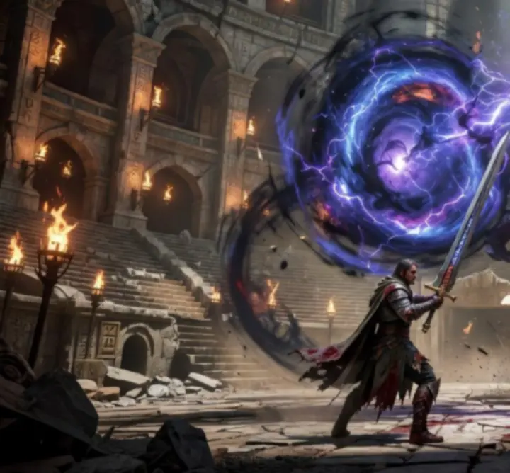 Hero facing a colossal legendary boss in a dark fantasy arena