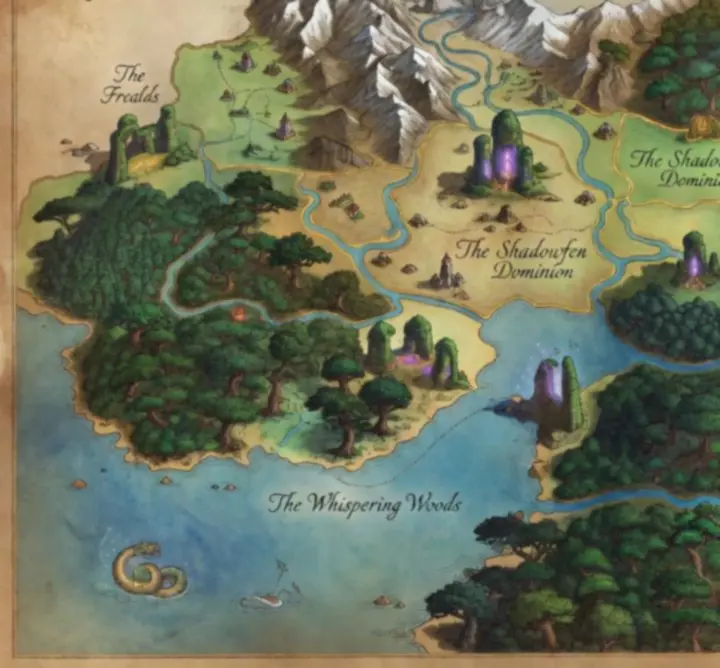 Stylized fantasy world map featuring kingdoms, forests, and mountain ranges