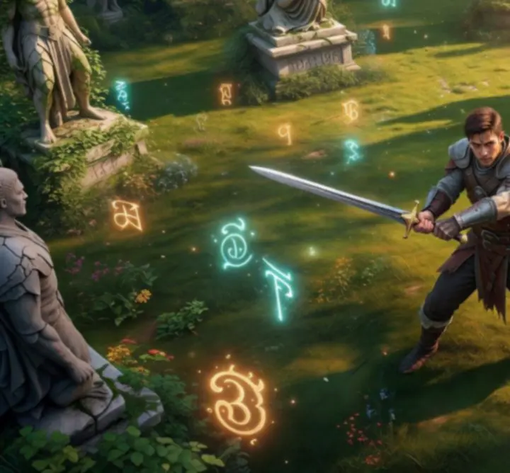 A hero training with glowing weapons in a dramatic fantasy arena