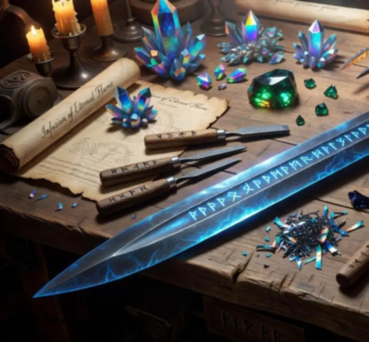 Legendary weapons and armor glowing on a mystical forge altar.