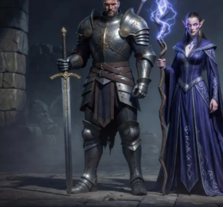 Lineup of fantasy heroes wielding distinct weapons against a stormy sky