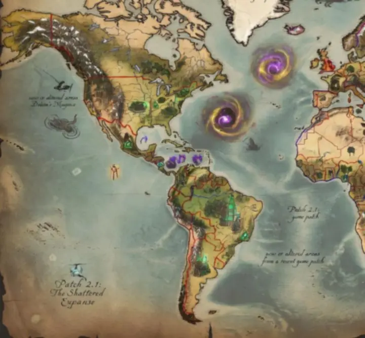 Arcane map of the Acev Vibe world with highlighted patch regions.