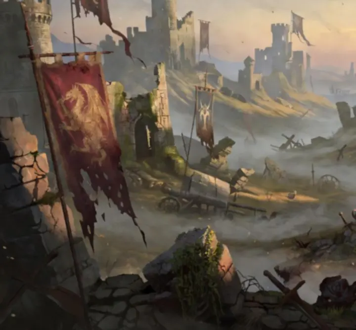 Ruined fantasy kingdoms divided by rifts and glowing fault lines.