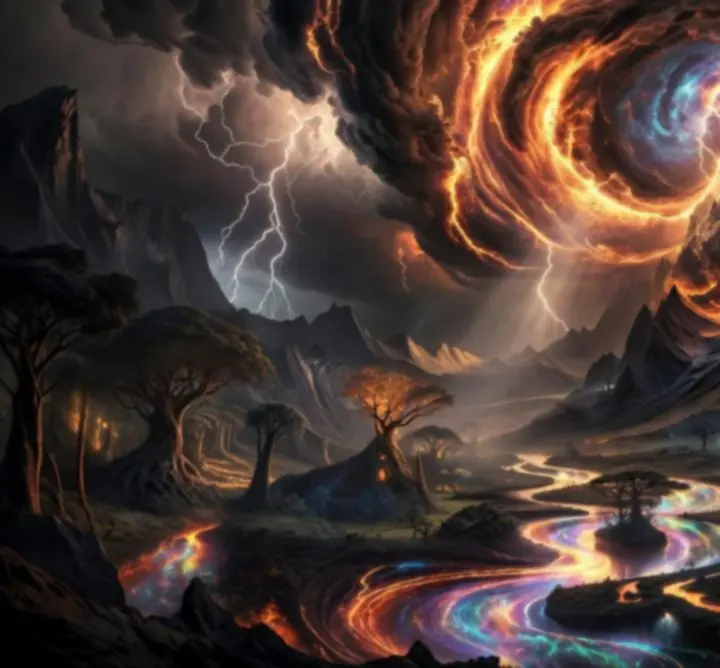 Cinematic depiction of Vayrel's creation with swirling primordial energies shaping mountains and oceans