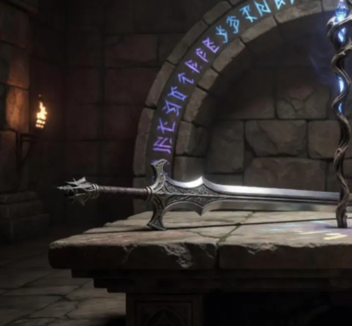 Epic fantasy weapons from Acev Vibe displayed on a dark cinematic background